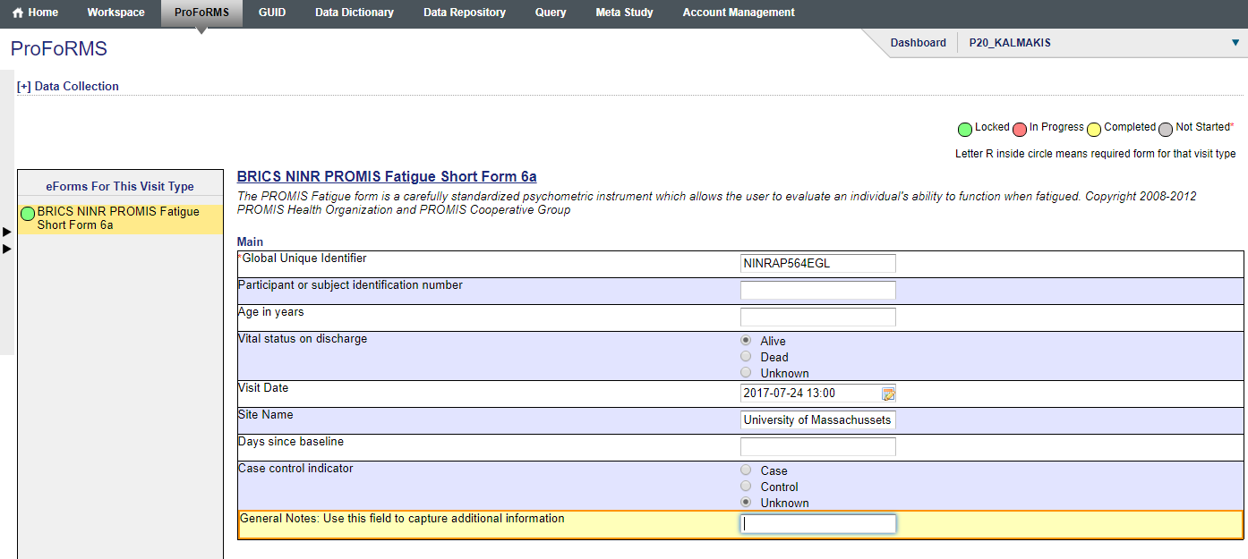 Snapshot of data collection entry page with general notes highlighted