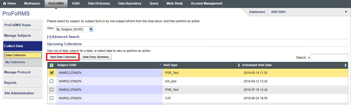 Snapshot of Data Collection page with 'Start Data Collection' button highlighted
