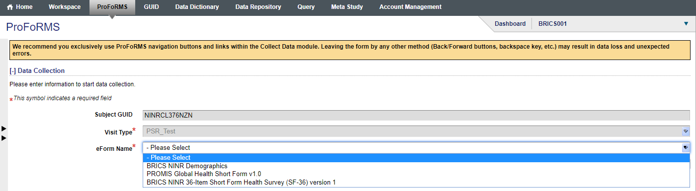 Snapshot of data collection page after a subject has been selected